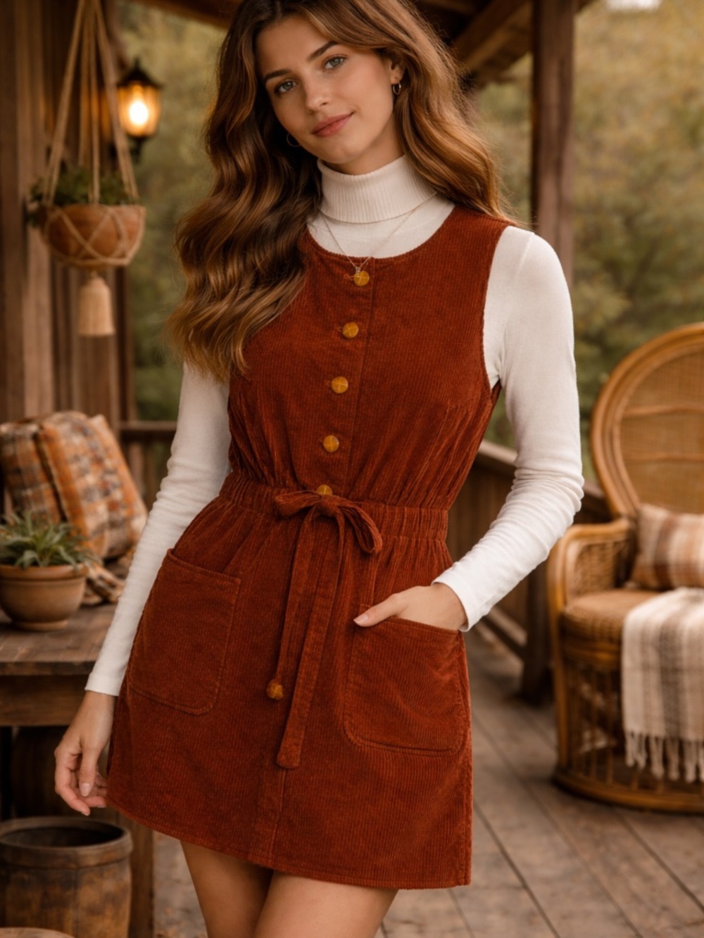 B Altman Rust Corduroy 70s Mod Jumper Dress Pocket Mini 14‎